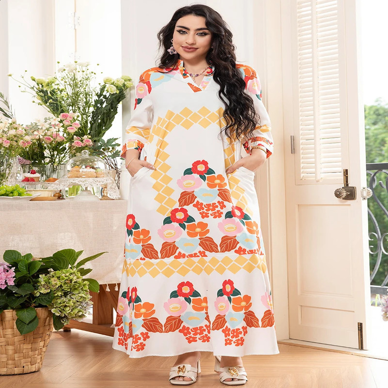 2025 Spring Arrival Sweet Vacation-Style V-Neck Floral Color-Blocked Long-Sleeved Midi Dress 250313
