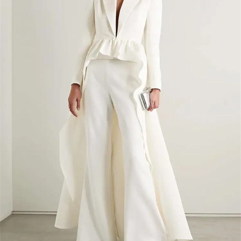 Freeacy Solid White Pants Set for Women Extra-long Blazer Top and High Waist Pants Falbala Pleated Elegant Suit 240826