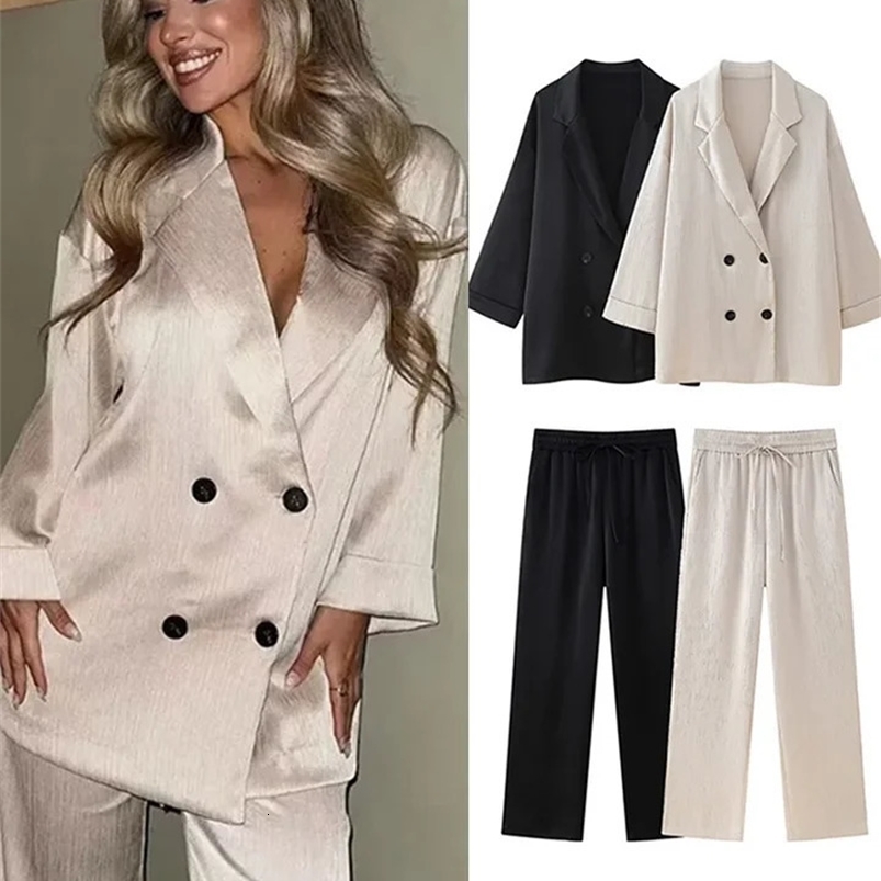 Womens Blazer Suit Elegant Double Breasted Satin Turndown Collar Long Sleeve Trousers Sets Female Summer Fashion Lady Set 240826
