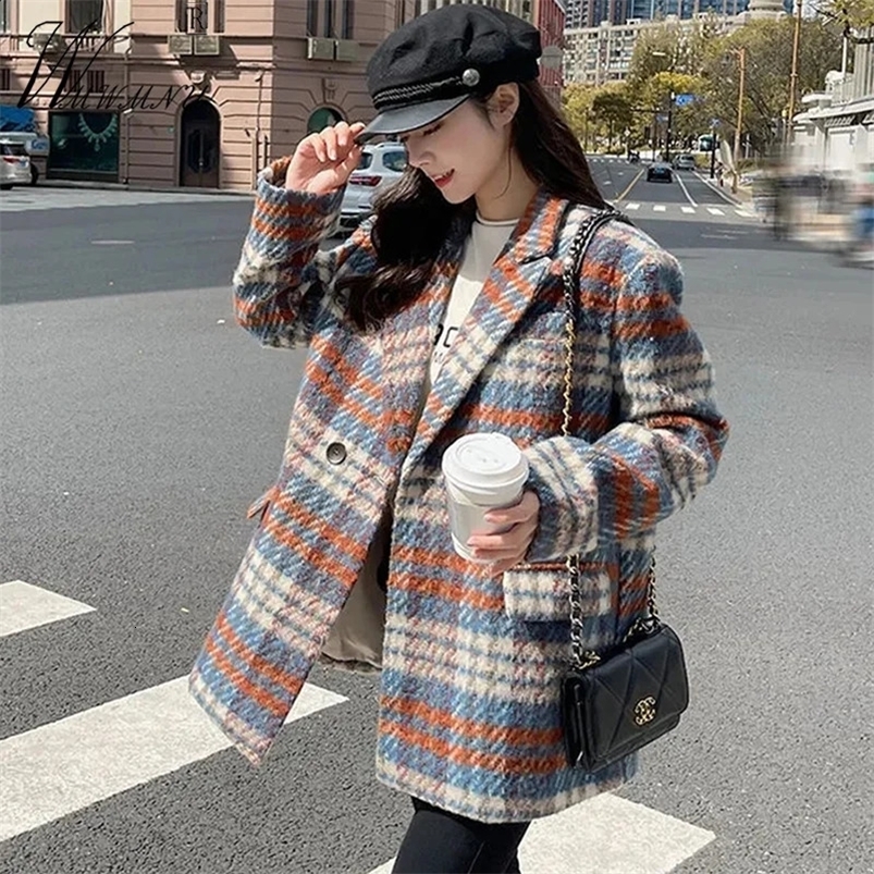 Korean Fashion Plaid Woolen Coat Loose Winter Vintage Thick Jacket Women Mid Length Wool Blends Chaquetas Office Suit Outwear 240822