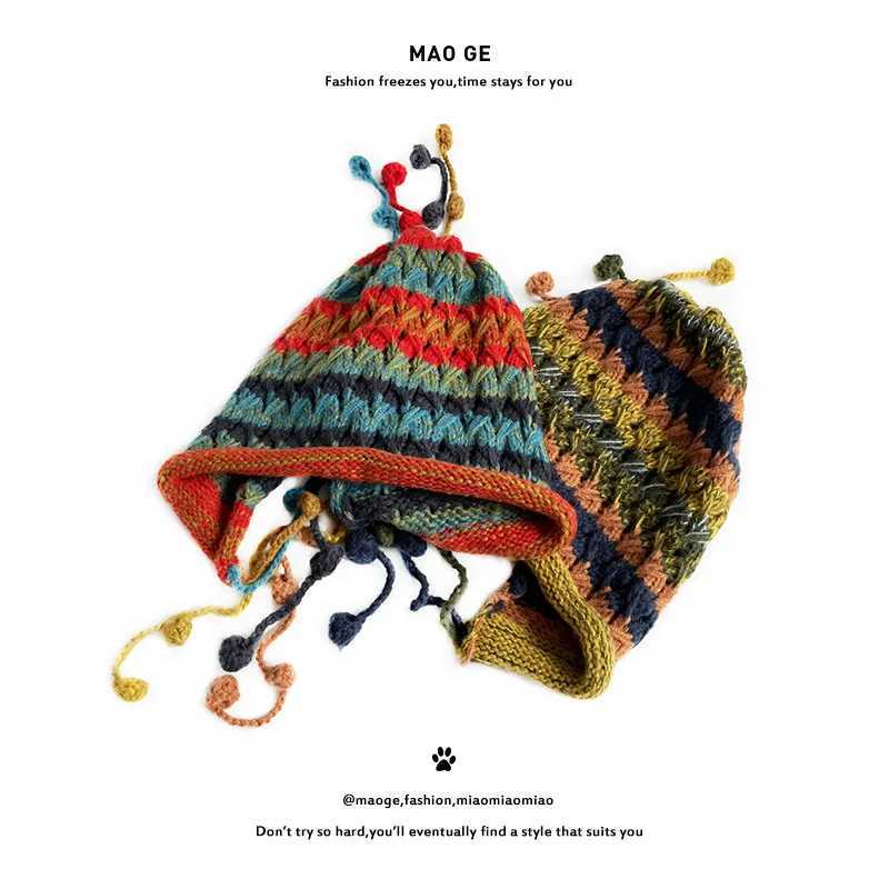 Korean Version Colored Ball Ear Protector Knitted Hat Wool Blend Beanie Women Fall Winter Retro Personalized Laceup Fringed Cap Z251029