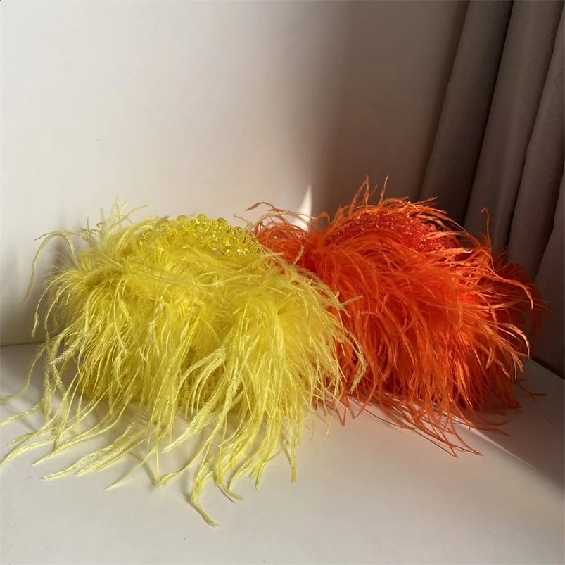 Pearl Bead Bag With Ostrich Feather Fur er Clear Acrylic Crystal Tote Handbag Women Handmade Party Purse 240909