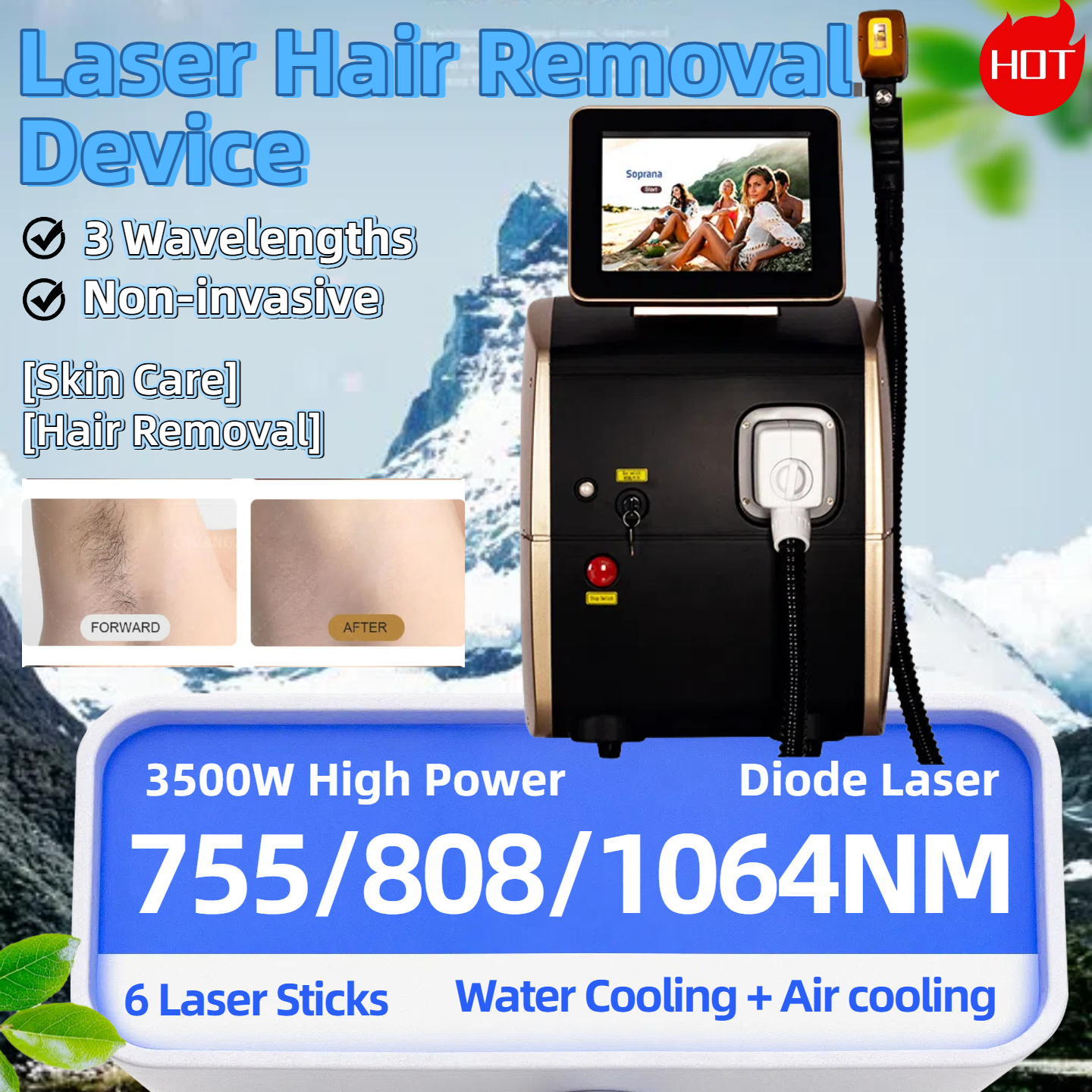 Profession 808nm Ice Painless Diode Laser Hair Removal Machine 3 Wavelength 755nm 808nm 1064nm Epilation Definitive Suitable For All Skin Tones CE/ROH