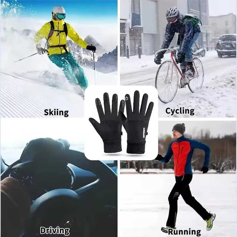 Black Winter Fleece Gloves Full Fingers Waterproof Touch Screen Cycling Outdoor Sports Running Motorcycle Ski Warm J250922