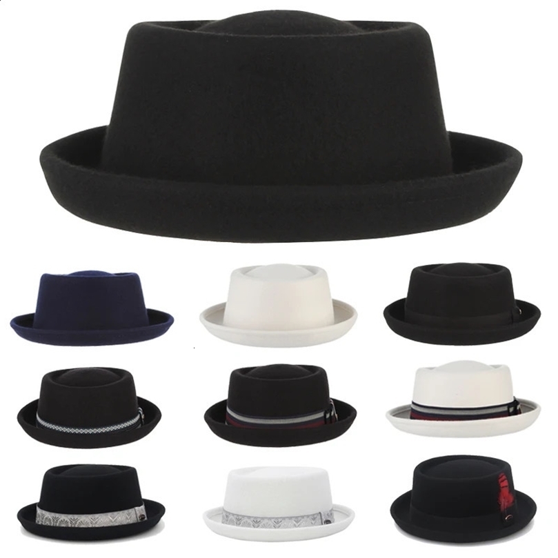 100% Wool Pork Pie Fedora Hat for Women Men Autumn Winter Felt Curved Brim Porkpie 241220
