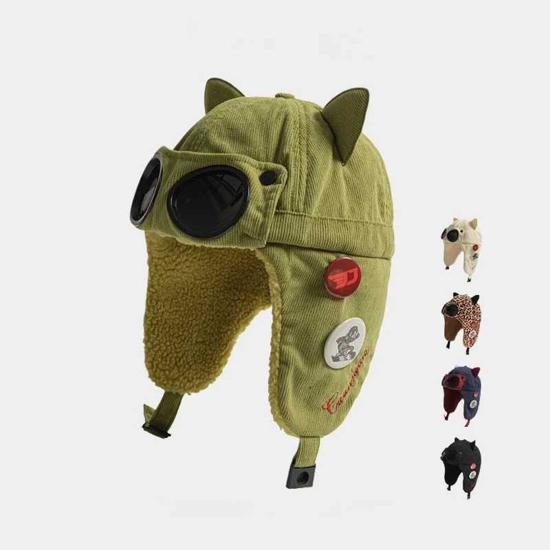 New Kids Girl Boy Pilot Hat with Goggles Cotton Fleece Lined Earflap Cap Cat Ears Winter Warm Thickened Familys Aviator Hat Z251029