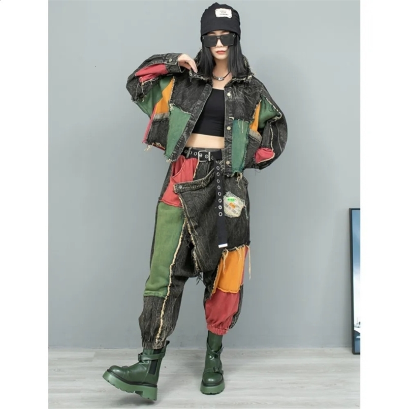 Trendy Cool Patchwork Vintage Denim Suit Women Autumn Loose Fashionable Long Sleeved Jacket Jeans Two Piece Set ZF084 240820