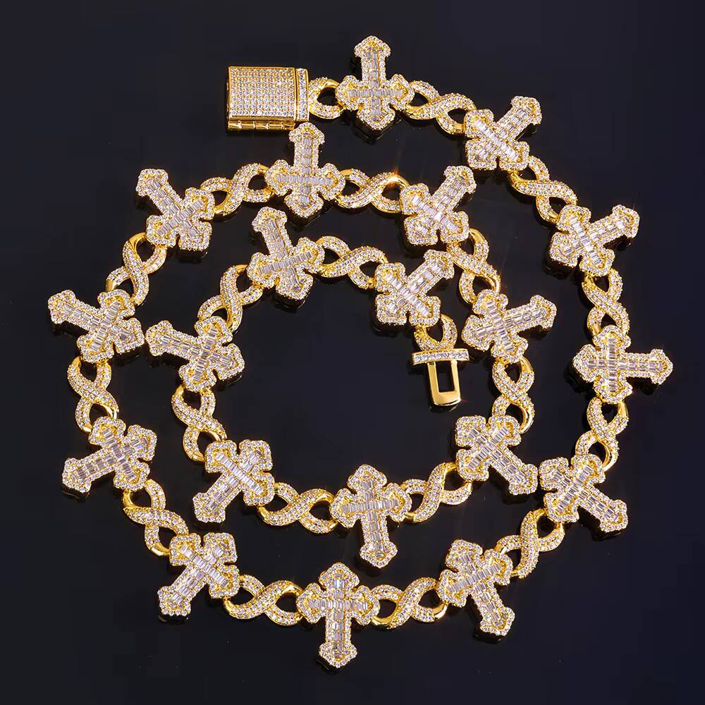 Fine Jewelry 15MM Iced Out Diamond Chain Gold Plated Flip Buckle Cross 8Character Infinite Design Bling Moissanite Necklace