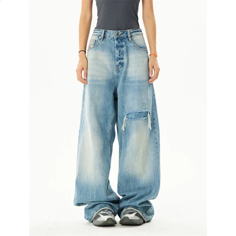 Blue Womens Jeans High Waist Straight Baggy Pants Strtwear American Gradient Female Wide Leg Denim Trouser Z260313