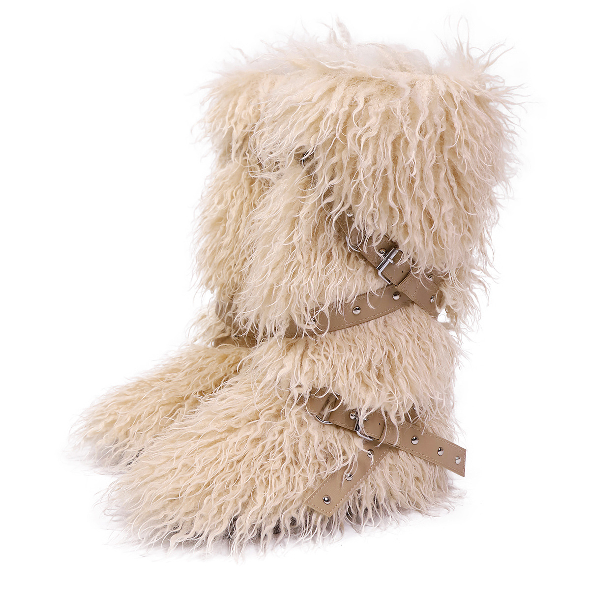 Designer shoes free shipping New leopard print high tube tied furry boots with children's velvet and rivet thick bottom snow boots grey khaki