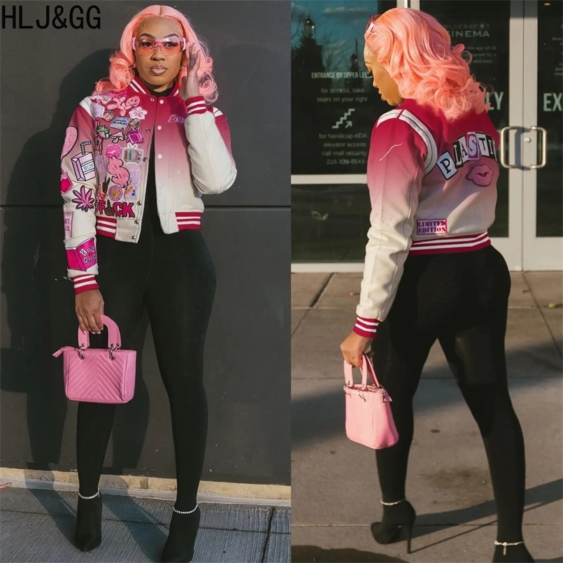 HLJ GG Fashion Streetwear Women Graffiti Printing Button Long Sleeve Coats Casual Gradual Loose Baseball Jacket Clothes 240827