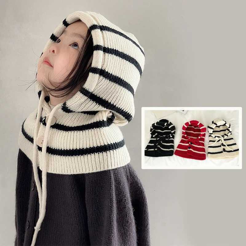 Winter Knitted Kids Hooded Beanie Fashion Striped Girls Boys Balaclava Hat Children Windproof Warm One Piece Scarf Cap Z251029