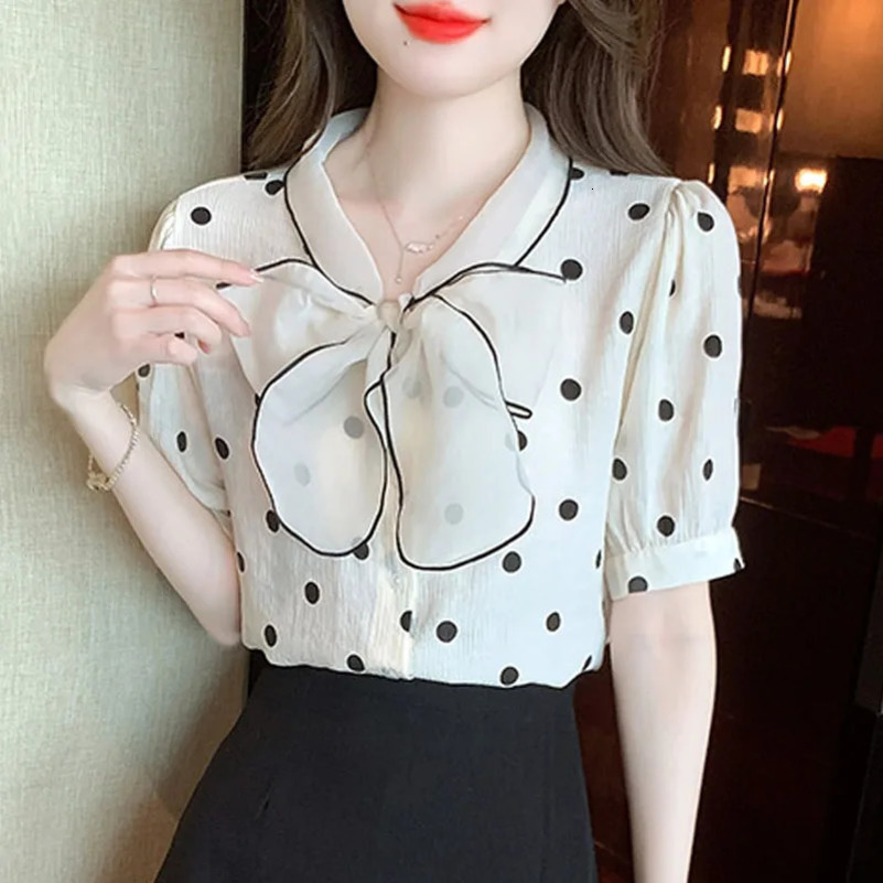 2025 Fashion Summer Short Sleeve Dot Women Shirt Bow Collar Chiffon Shirt Blouse Women Tops Camisas Blusas Camisas De Mujer G459 250417