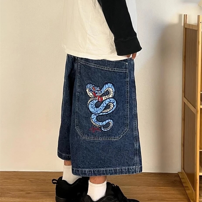 JNCO Mens Vintage Streetwear Embroidery Snake Graphic Wide Leg Denim Pants Baggy Gym Shorts Men Skateboard Jeans Shorts 240822