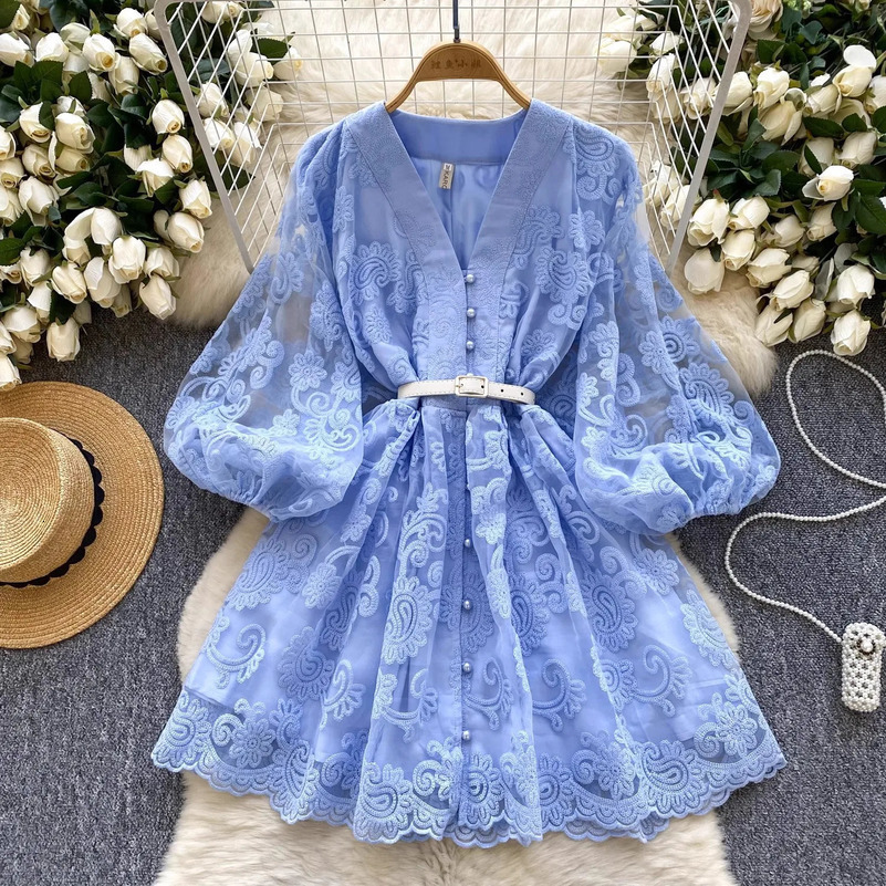 French Sweet V Neck Lantern Sleeve Mini Dress Summer Women Embroidery Flower Mesh Patchwork Belt Casual Beach A-Line Party Robes 250313