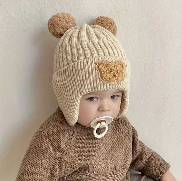 Winter Baby Beanie Cartoon Bear Ear Protection Knitted Hat Suitable for Toddling Boys and Girls Z251029