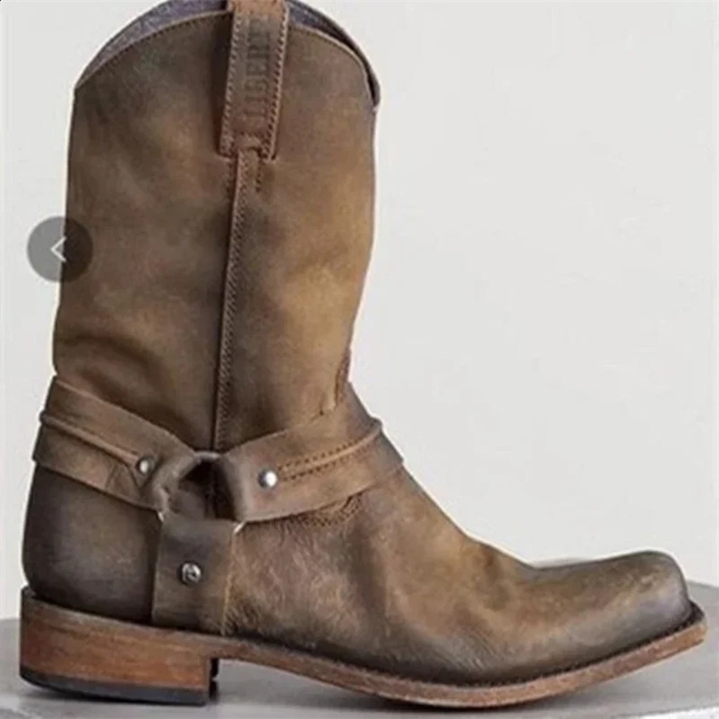 Retro Cowboy Boots Women Men Mid Calf Outdoor Men Vintage PU Shoes Man Slip on Winter Gladiator Booties Unisex Chelsea Boots Men 240724