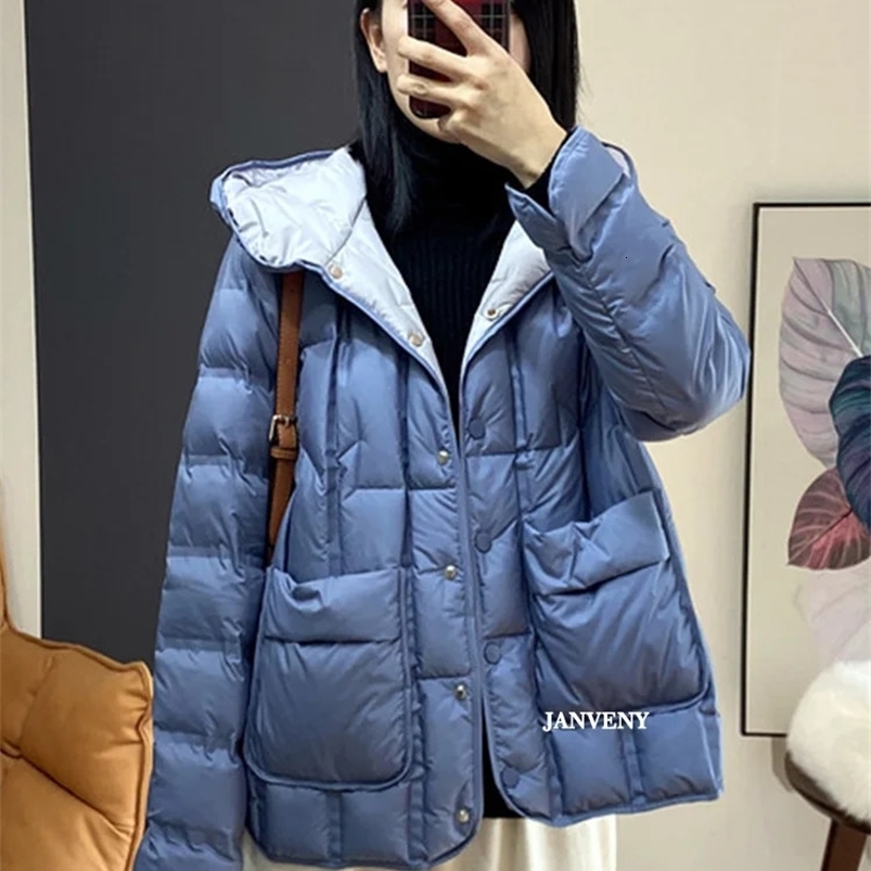 JANVENY Winter Hooded Light Inflatable Jacket Womens Solid Color Versatile Portable Parka 90 White Duck Down Short Sleeve Warm Coat 241021