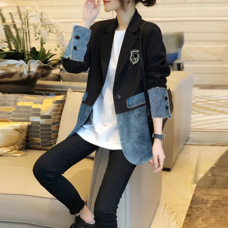 Graphic Female Jeans Coat with Print Sequin Black Patchwork Diamonds Outerwears Long Trench Womens Denim Jackets Spring Autumn 250122