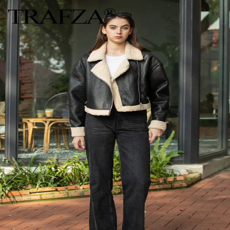 TRAFZA Vintage Womens PU Leather Jackets Zipper Fur Turn-Down Collar Loose Coats Female Warm High Street Winter Outwear 241220
