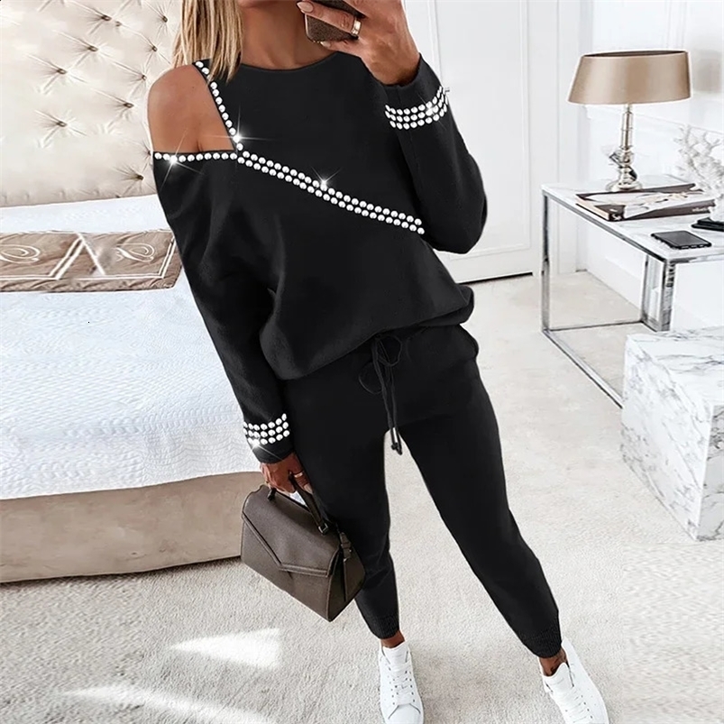Simple Long Sleeve Tops and Pencil Pants Set Fashion Off Shoulder Diamond Casual Two Pieces Set Autumn Women Tracksuit 240826