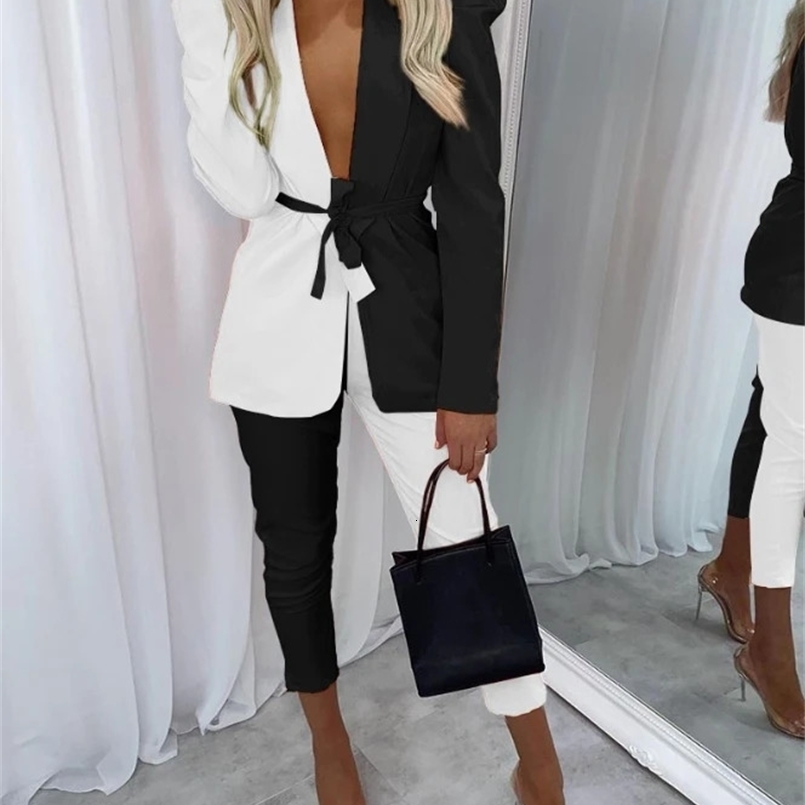 Womens Two Piece Sets Outfit Colorblock Shawl Collar Tie Front Blazer Pants Set Autumn Winter Spring Fashion Casual 240826