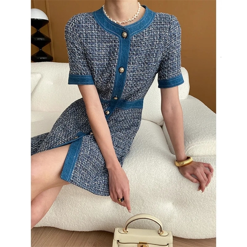 Spring Womens Dresses Celebrity Senior Denim Tweed Dress Round Neck Short-sleeved Single-breasted Waisted Mini Dresses 240529
