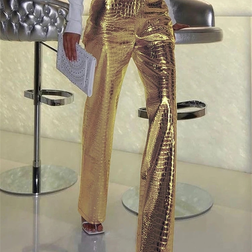 BKQU Gold Sliver Leather Straight Wide Leg Pants for Women Fashion Streetwear High Waist Scale Leather Party Club Trousers 240820
