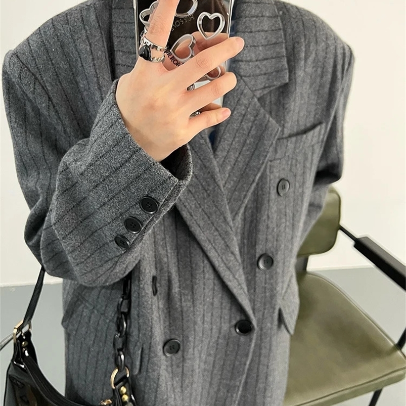 Lautaro Autumn Winter Long Loose Casual Stylish Striped Woolen Coat Women Double Breasted British Style Fashion Overcoat 240822