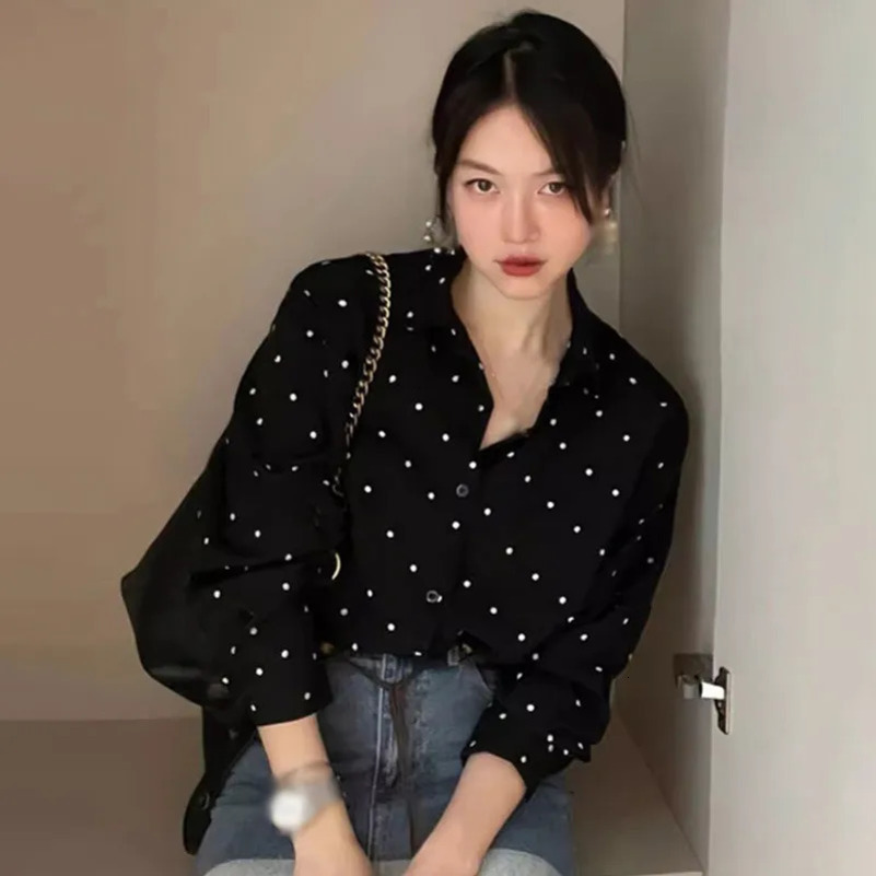 Retro Lapels Long-Sleeved Shirt For Women Loose And Casual Polka Dots Top Korean Version Loose Fit Versatile Spring Autumn 250417