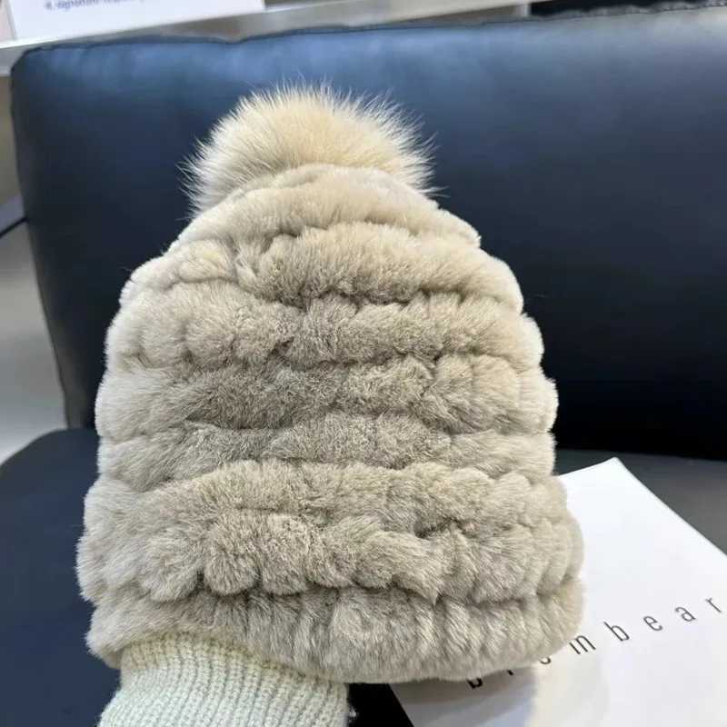 Rex Rabbit Fur Hat Fashion Baotou Hat With Big Fox Fur Ball Thickened Warm Ear Protection Hat Winter Good Elastic Real Fur Hats Z251029