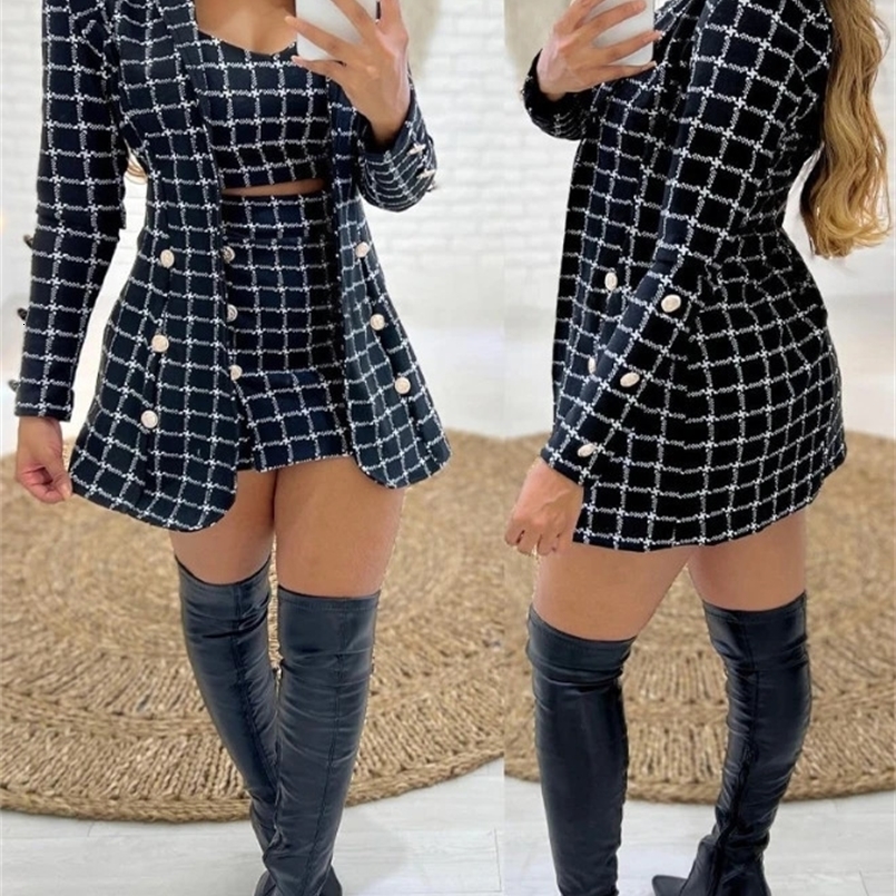 Elegant 3Pcs Plaid Print Blazer Coat Skirt Set with Crop Top Autumn Winter Spring Fashion Casual Female Suit 240826