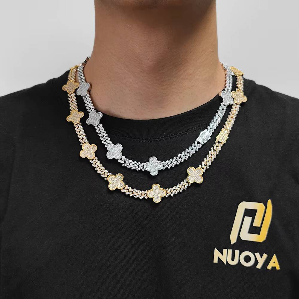 Lucky Four Leaf Clover Cuban Link Chain Single Row Diamond Prong Cuban Link Chain Necklace for Women Jewelry