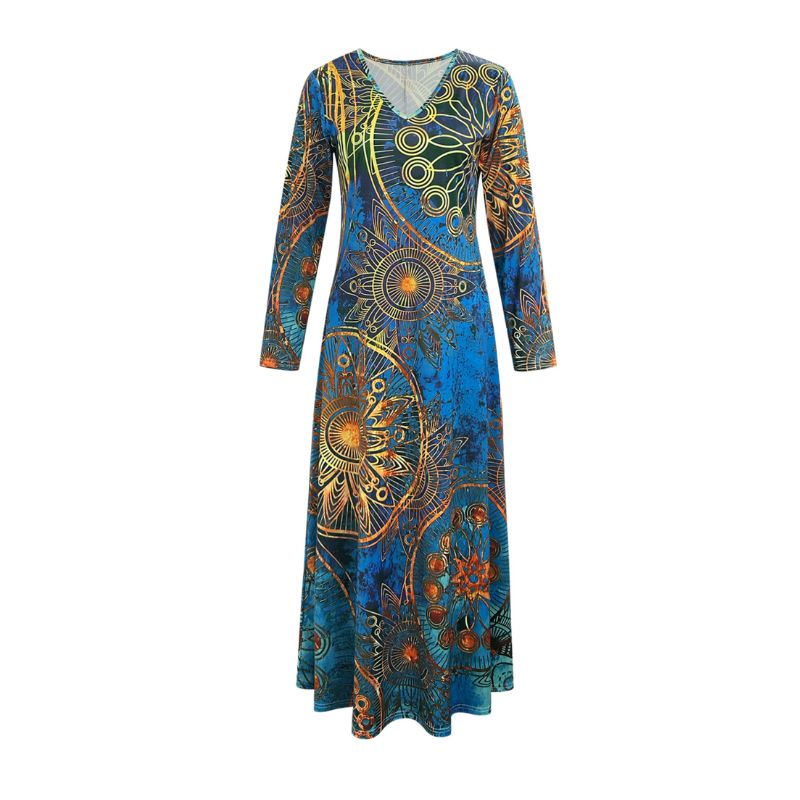 Women's Ethnic Retro Printed Long Dress, V - Neck Long Sleeve Milk Silk Maxi Dress for Party & Casual-CF40367