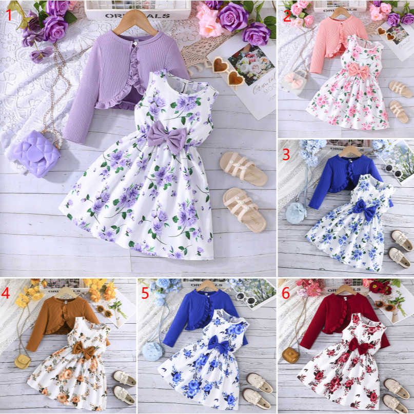 New girls' fashion printed dress + solid color cardigan set