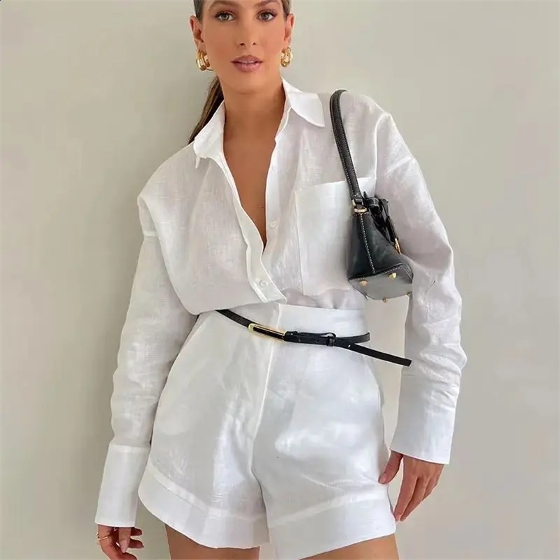 Women White Blue Lapel Button Shirts 2 Pieces Sets Casual Solid Long Sleeve Blouse High Waist Shorts Set Summer Elegant Suit 240826