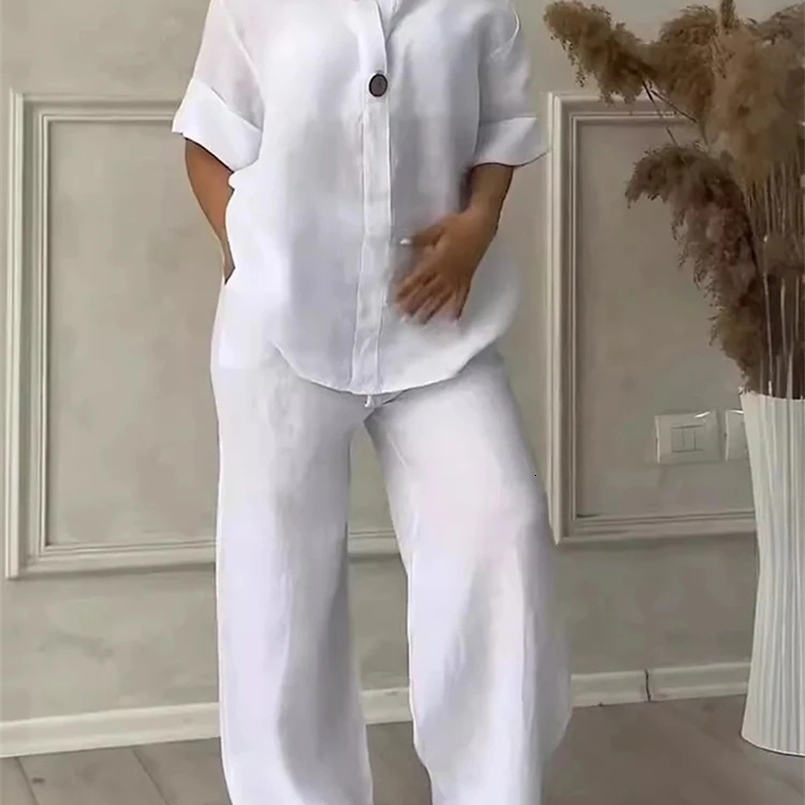Casual Women Solid V Neck Set Fashion Autumn Spring Two Piece Set Cotton and Linen Sets Shirt Top Wide Leg Pant Long Sleeve Suit 240820