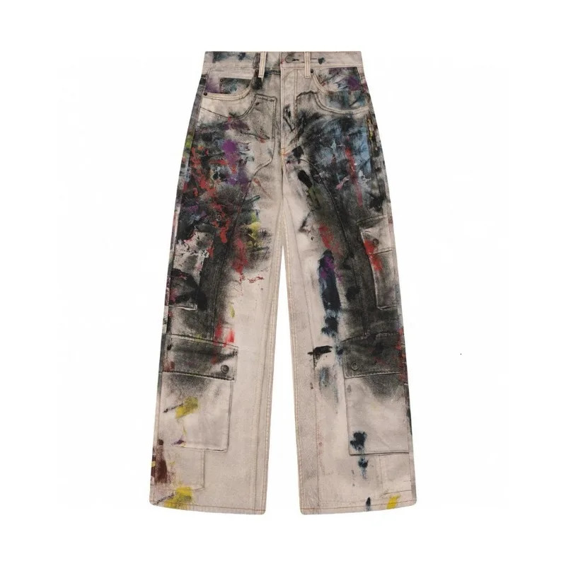 High Street Paint Graphic Splash Graphic Printing High Quality Jeans for Men Skateboard Sports Casual Loose cargo Pants 250922