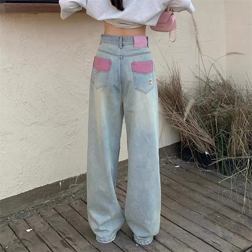 Vintage Color Pocket Ripped Y2k Baggy Jeans Women American Style Strtwear Cool Trouser High Waist Womens Denim Pants Z260313