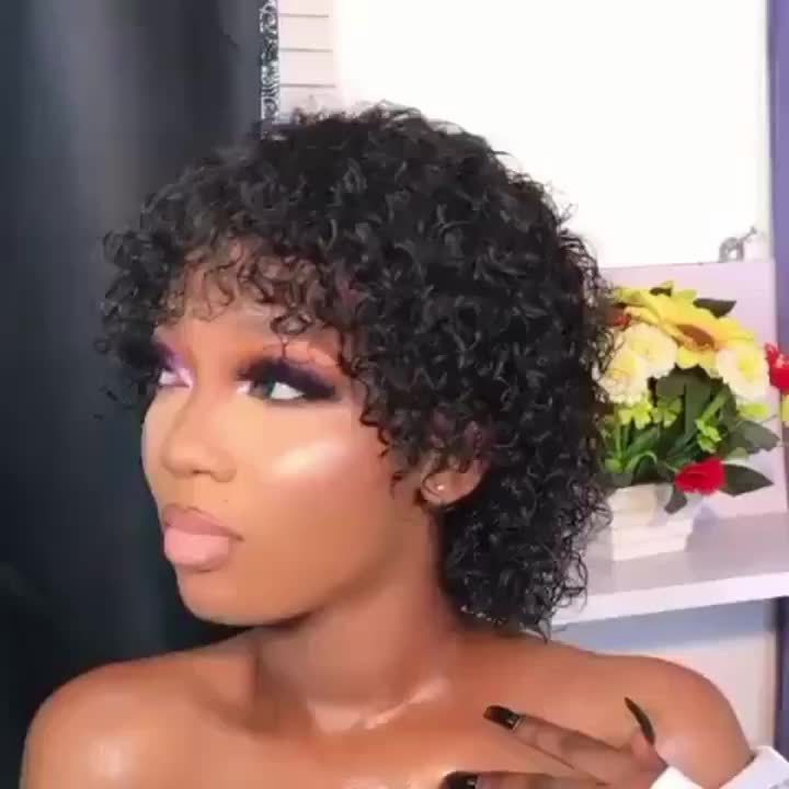 Women's Afro Kinky Curly Pixie Cut Human Hair Wig Natural Black High Density 180% for Everyday Special Events Lightweight Flattering Fit