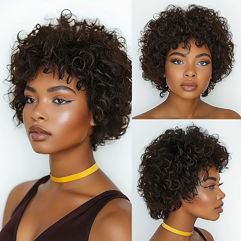 Wig Human Hair 6 inch Short Curly Wigs None Lace Front Wigs with Bangs 180% Density 100% Human Hair Wig