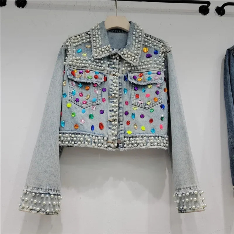Spring Autumn Women Rainbow Diamonds Pearls Beaded Denim Jacket Rhinestones Rivets Short Jeans Cow Cardigan Sequined Outwear 250122