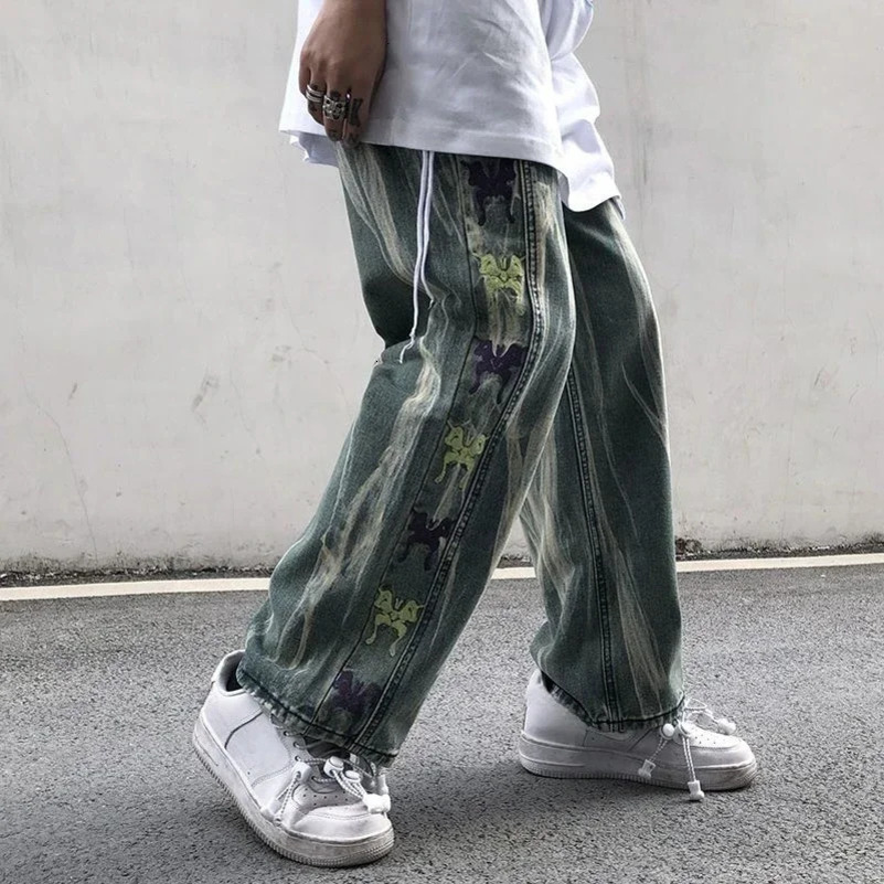 Trousers Hip Hop Straight Mens Jeans Tie Dye Graphic Man Cow Pants Y2k Streetwear Baggy Korean Autumn Harajuku Summer 250605