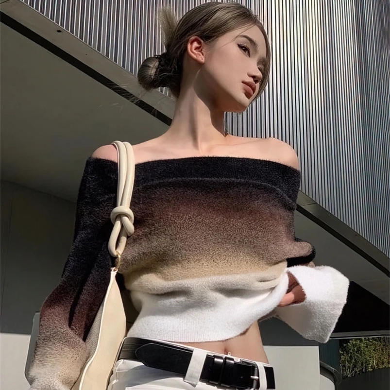 Gradient Fashion Off Shoulder Sweater Women Knitted Long sleeve Cropped Pullover Autumn Casual Female Chic Top Knitwear 240824