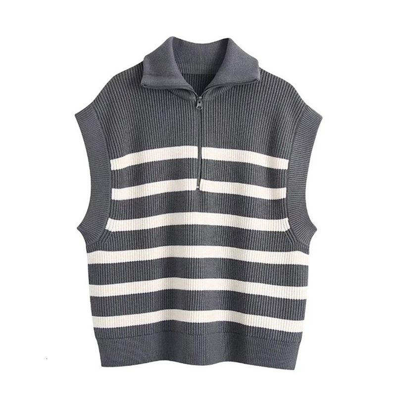 Women's Vests TRAF Women Fashion Front Zip Loose Striped Knit Vest Sweater Vintage High Neck Sleeveless Female Waistcoat Chic Tops 220913