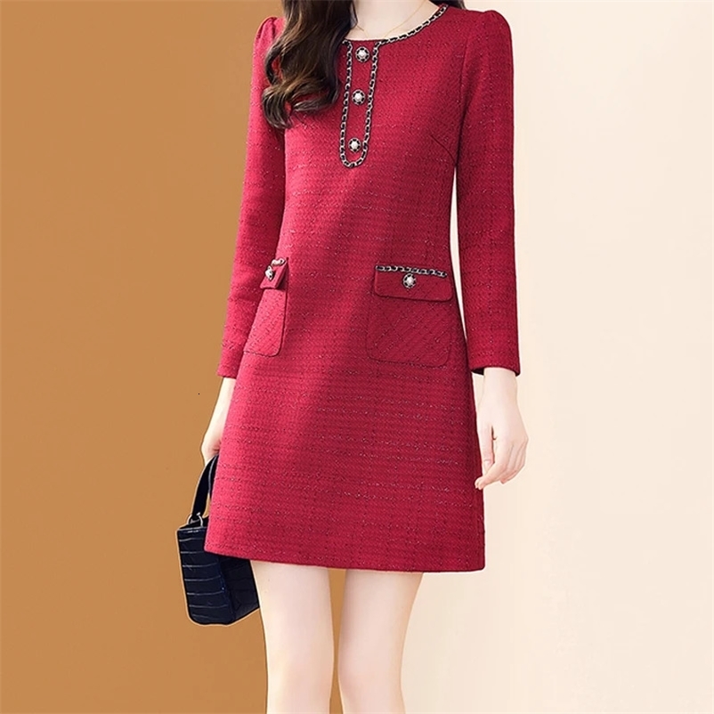 EVNISI Women Wine Tweed Button Dress O-Neck Spring Elegant Office A-line Dresses Casual Pocket Slim Vestido For Women 240529