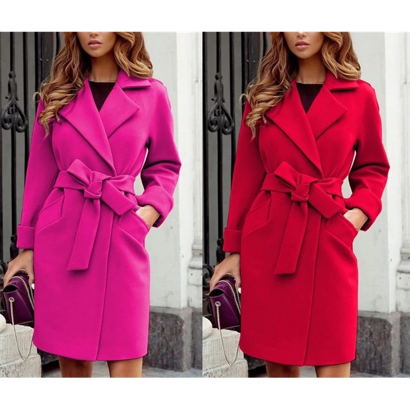 Autumn and Winter Womens Fashionable Slim Fit Temperament Woolen Coat Suit Collar Belt Slim Tie Long-sleeved Woolen Coat 240822