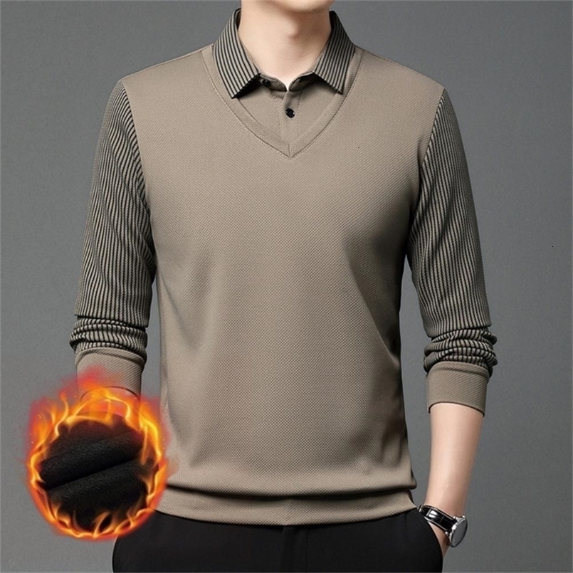 Fall Winter Men Sweater Two-piece Lapel Striped Pullover Slim Fit Plush Warm Knitted Soft Clothes For Formal Business 240826