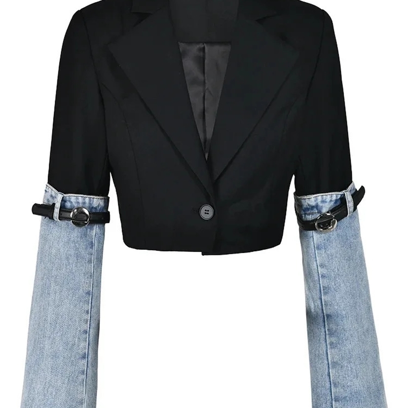 XIWEN Fashion Womens Denim Patchwork Blazer Notched Collar Single Button Long Sleeve Autumn Short Suit Jackets XF596 240826