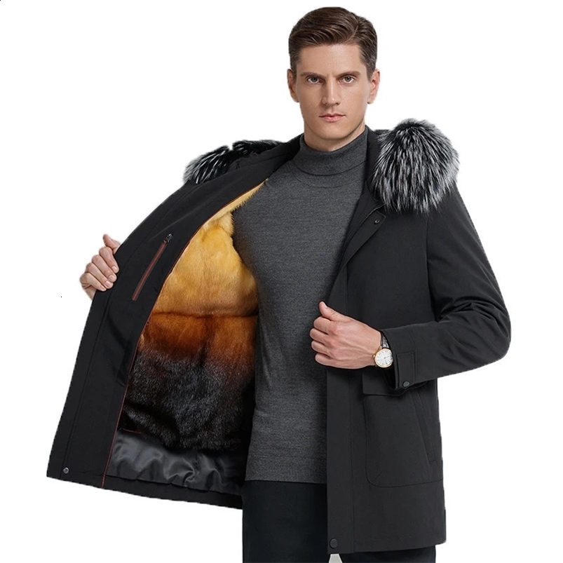 Arrival Fashion Mens Winter Coats Super Warm Rabbit Fur Linner Fox Fur Collar Medium Long Jacket Coats Men Detachable 240823